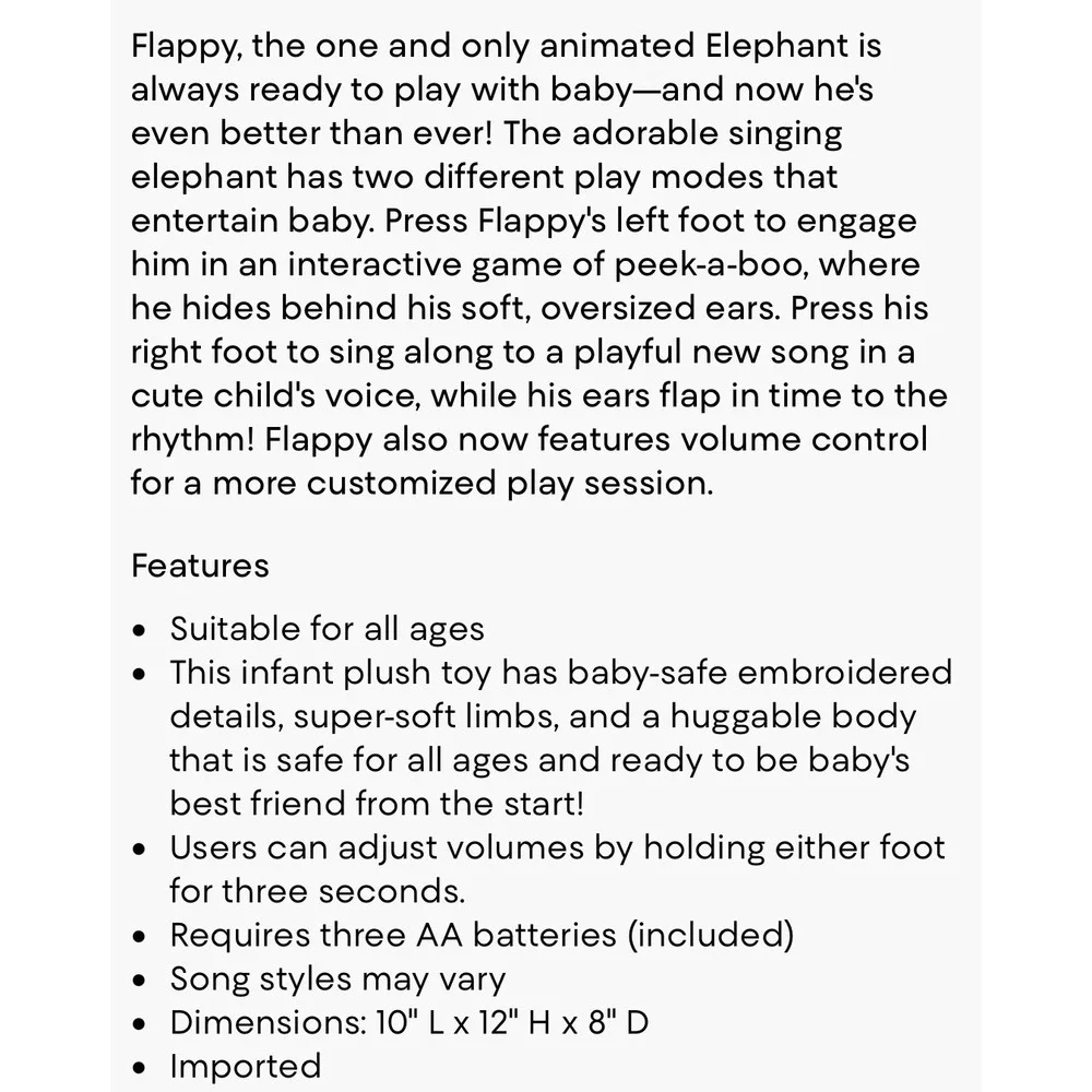Baby GUND Flappy the Elephant Animated Plush Grey Singing Stuffed Toy NWT 12in